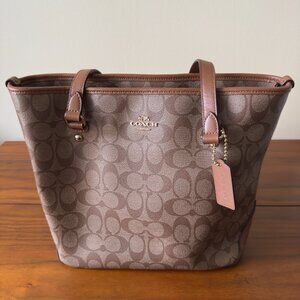 Coach Beige/Brown Signature Coated Canvas and Leather City Zip Top Tote